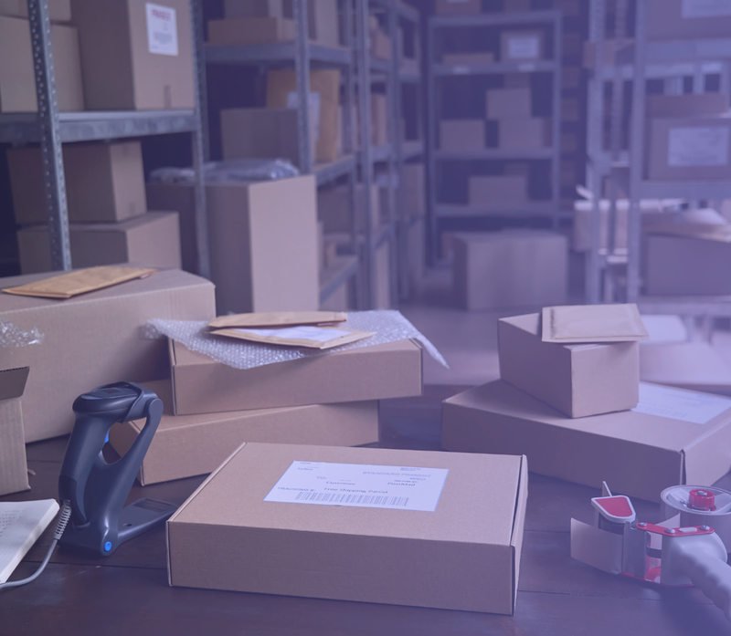 Parcels and a barcode scanner at a fulfillment packing station